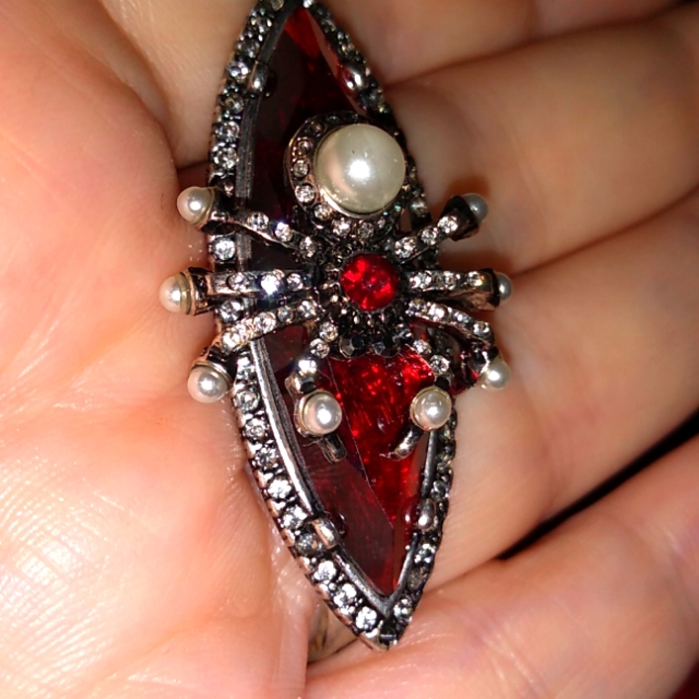 Crystal and Pearl Covered Spider on Red and Silver Surfboard Pendant Necklace
